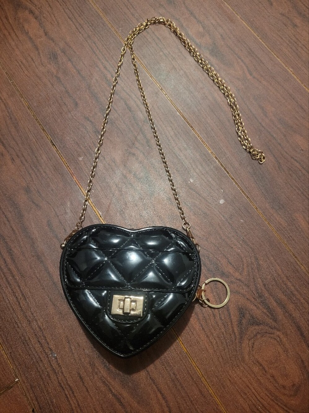 Black Quilted Heart Crossbody Bag with Gold Chain
